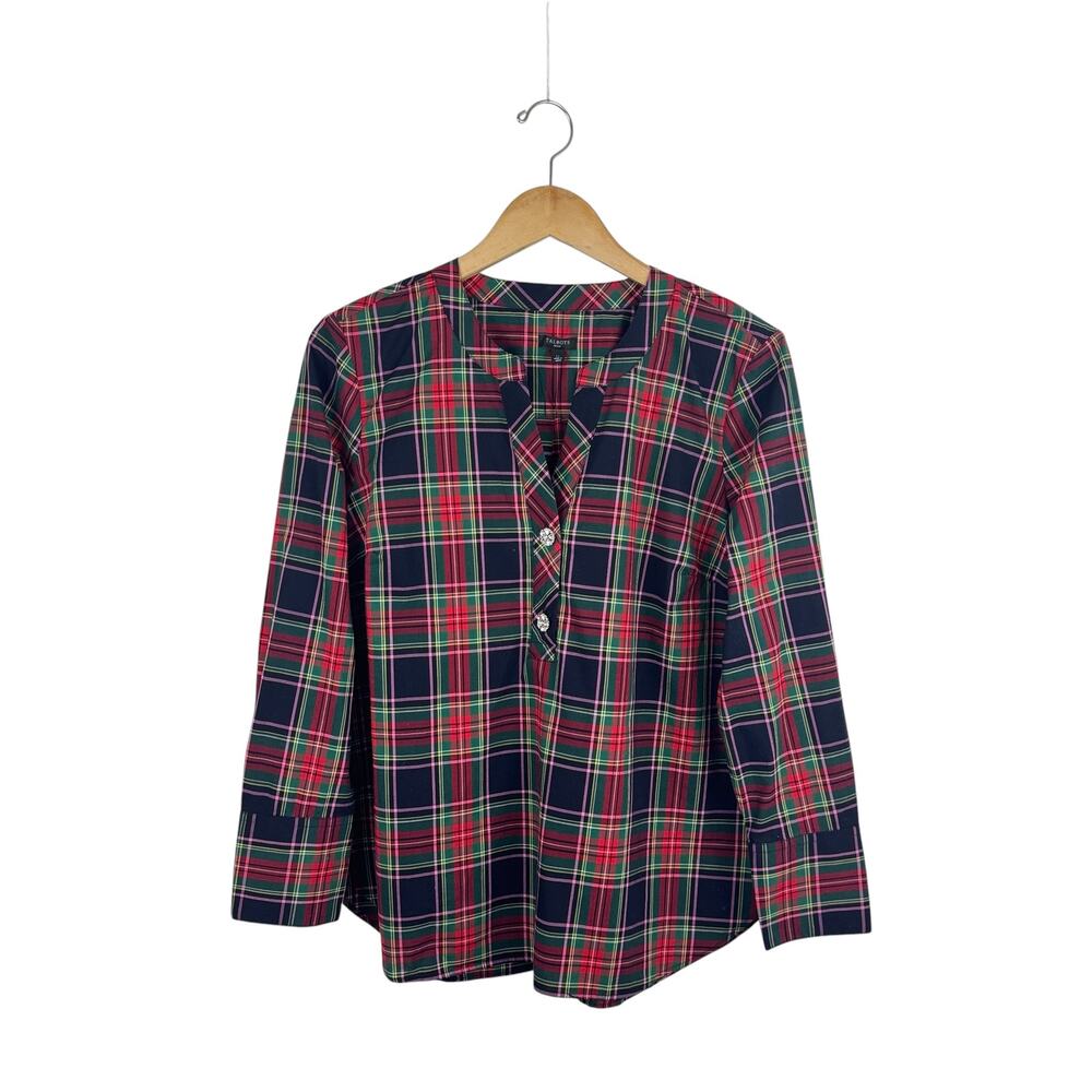 Talbots Tartan Plaid Popover Top with Rhinestone Buttons